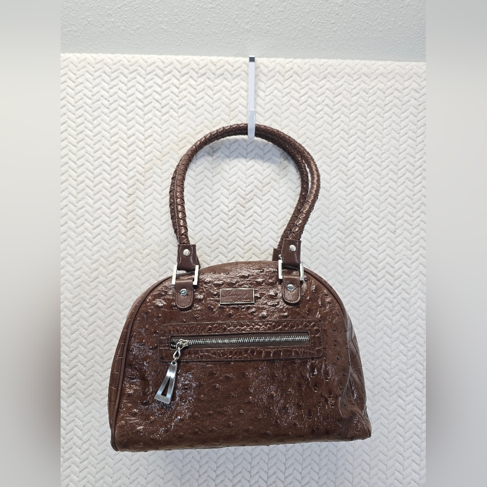 Isabella Adams Ostrich Print Leather Medium Satchel Hand Bag Braided Handles EUC
